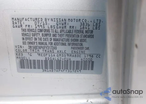 2015 Nissan Sentra Sl z USA, uszkodzony, nr VIN 3N1AB7AP4FY317249